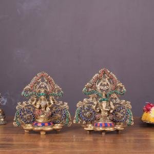 Brass Lord Ganesha and Goddess Lakshmi Panchdeep with Stonework